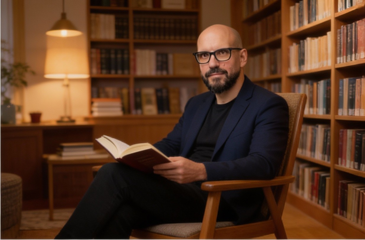 Nuno Valério reading in a library